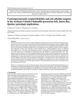 Contemporaneously Erupted Tholeiitic and Calc-Alkaline Magmas in the Archean Colomb-Chaboullié Greenstone Belt, James Bay, Quebec: Petrologic Implications