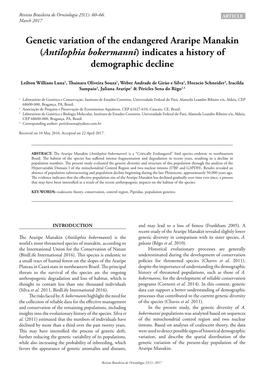 Genetic Variation of the Endangered Araripe Manakin (Antilophia Bokermanni) Indicates a History of Demographic Decline