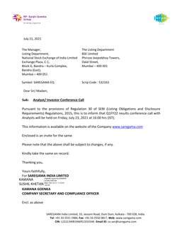 Sub: Analyst/ Investor Conference Call Pursuant to the Provisions Of