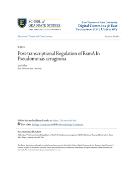 Post-Transcriptional Regulation of Rsma in Pseudomonas Aeruginosa Ian Miller East Tennessee State University