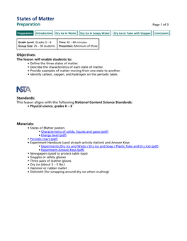 States of Matter Preparation Page 1 of 3