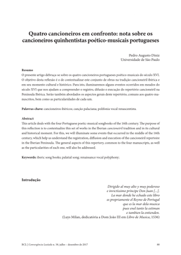 Nota Sobre Os Cancioneiros Quinhentistas Poético-Musicais Portugueses