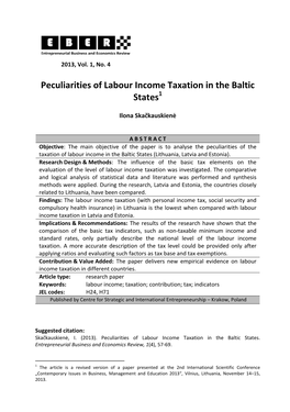 Peculiarities of Labour Income Taxation in the Baltic States 1
