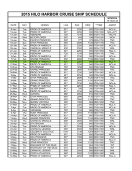 2015 Hilo Harbor Cruise Ship Schedule