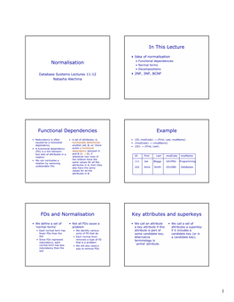 Normalisation in This Lecture Functional Dependencies Example