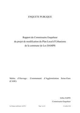ENQUETE PUBLIQUE Rapport Du Commissaire Enquêteur Du Projet