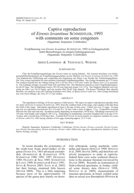 Captive Reproduction of Eirenis Levantinus Schmidtler, 1993 with Comments on Some Congeners (Squamata: Serpentes: Colubridae)