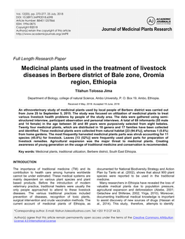 Medicinal Plants Used in the Treatment of Livestock Diseases in Berbere District of Bale Zone, Oromia Region, Ethiopia