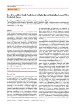 Low External Workloads Are Related to Higher Injury Risk in Professional Male Basketball Games