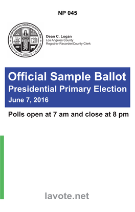 Sample Ballot Presidential Primary Election June 7, 2016