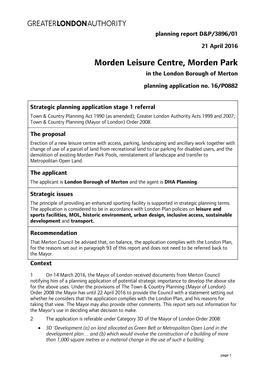 Morden Leisure Centre, Morden Park in the London Borough of Merton Planning Application No