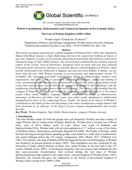 Power Consolidation, Modernization and Commercial Splendor in Pre-Colonial Africa: the Case of Wolaita Kingdom (1500’S-1894)