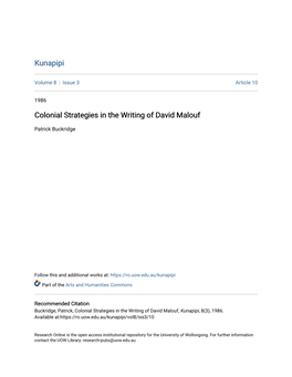 Colonial Strategies in the Writing of David Malouf