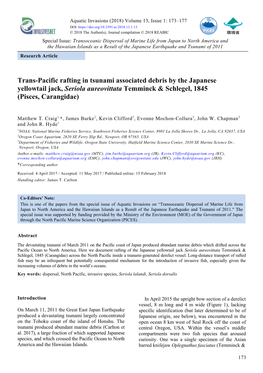 Trans-Pacific Rafting in Tsunami Associated Debris by the Japanese Yellowtail Jack, Seriola Aureovittata Temminck & Schlegel, 1845 (Pisces, Carangidae)