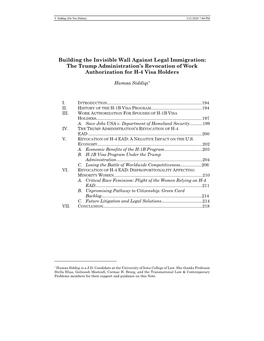 Building the Invisible Wall Against Legal Immigration: the Trump Administration’S Revocation of Work Authorization for H-4 Visa Holders