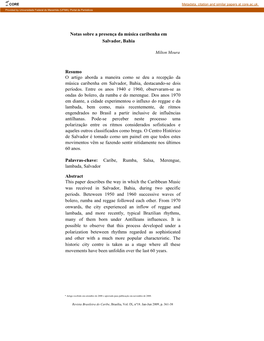 Notas Sobre a Presença Da Música Caribenha Em Salvador, Bahia Resumo O Artigo Aborda a Maneira Como Se Deu a Recepção Da Mú