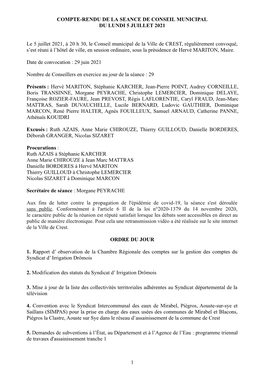 COMPTE-RENDU DE LA SEANCE DE CONSEIL MUNICIPAL DU LUNDI 5 JUILLET 2021 Le 5 Juillet 2021, À 20 H 30, Le Conseil Municipal De La