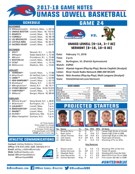 UMASS LOWELL Basketball SCHEDULE GAME 24 NOVEMBER 10 @Massachusetts Amherst, Mass