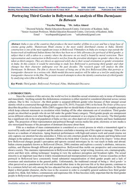 Portraying Third Gender in Bollywood: an Analysis of Film Darmiyaan: in Between 1 Toyeba Mushtaq, 2 Dr
