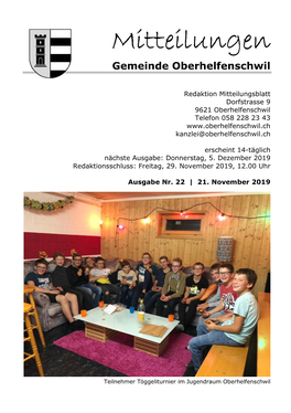 Mitteilungen Gemeinde Oberhelfenschwil