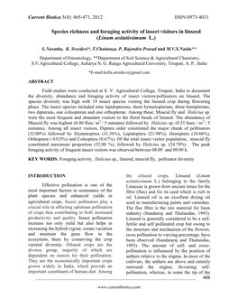 Species Richness and Foraging Activity of Insect Visitors in Linseed (Linum Usitatissimum L.)