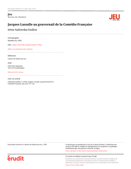 Jacques Lassalle Au Gouvernail De La Comédie-Française Irène Sadowska-Guillon