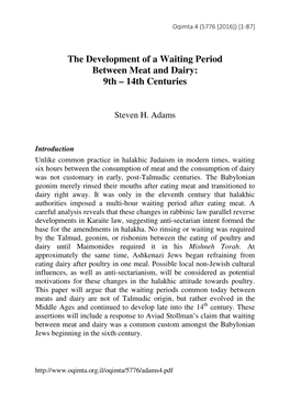 The Development of a Waiting Period Between Meat and Dairy: 9Th – 14Th Centuries