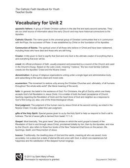 Vocabulary for Unit 2 Apostolic Fathers: a Group of Greek Christian Authors in the Late First and Early Second Centuries