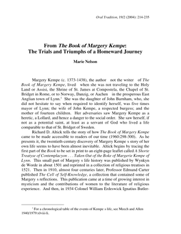 From the Book of Margery Kempe: the Trials and Triumphs of a Homeward Journey