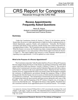 Recess Appointments: Frequently Asked Questions