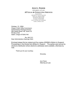 ANN L. FISHER Attorney at Law AF Legal & Consulting Svcs 1425 SW 20 Th St., Suite 202 Portland, Oregon 97201 Telephone - 503.721 -0181 Facsimile - 503.223 -2305