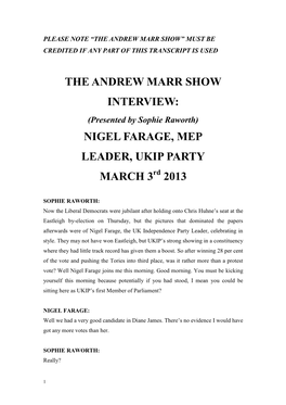The Andrew Marr Show Interview: Nigel Farage, Mep Leader, Ukip Party March 3 2013