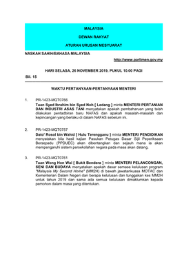 Malaysia Dewan Rakyat Aturan Urusan Mesyuarat Naskah Sahih/Bahasa Malaysia Hari Selasa, 26 November 2