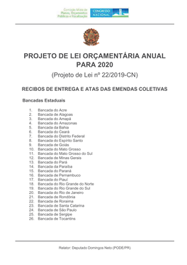 PROJETO DE LEI ORÇAMENTÁRIA ANUAL PARA 2020 (Projeto De Lei Nº 22/2019-CN)
