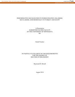 Performative Socialization in World Politics: Islamism, Secularism, and Democracy in Turkey and Egypt