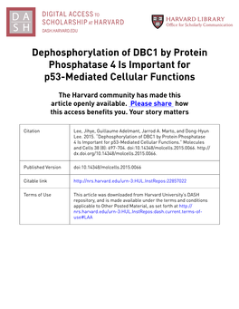 Dephosphorylation of DBC1 by Protein Phosphatase 4 Is Important for P53-Mediated Cellular Functions