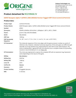 GDNF Receptor Alpha 1 (GFRA1) (NM 005264) Human Tagged ORF Clone Lentiviral Particle Product Data