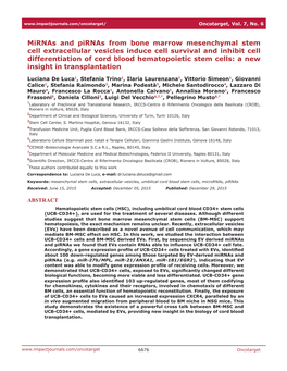 Mirnas and Pirnas from Bone Marrow Mesenchymal Stem Cell Extracellular Vesicles Induce Cell Survival and Inhibit Cell Differenti