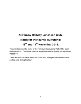 Arhsnsw Railway Luncheon Club. Notes for the Tour to Murrurundi 18 and 19 November 2015