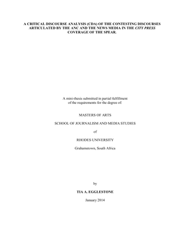 A Critical Discourse Analysis (Cda) of the Contesting Discourses Articulated by the Anc and the News Media in the City Press Coverage of the Spear