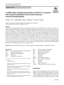 A CARD9 Single-Nucleotide Polymorphism Rs4077515 Is Associated with Reduced Susceptibility to and Severity of Primary Immune Thrombocytopenia