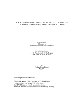 Black Nativism: African American Politics, Nationalism and Citizenship in Baltimore and Philadelphia, 1817 to 1863