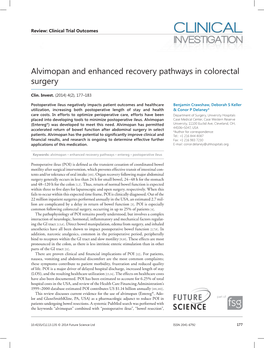 Alvimopan and Enhanced Recovery Pathways in Colorectal Surgery