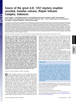 Source of the Great A.D. 1257 Mystery Eruption Unveiled, Samalas Volcano, Rinjani Volcanic Complex, Indonesia