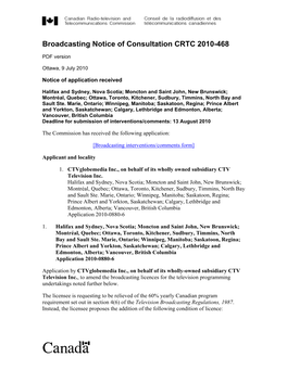 Broadcasting Notice of Consultation CRTC 2010-468