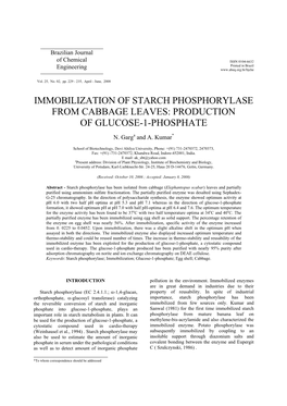 Immobilization of Starch Phosphorylase from Cabbage Leaves: Production of Glucose-1-Phosphate