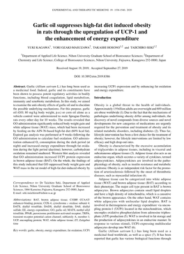 Garlic Oil Suppresses High‑Fat Diet Induced Obesity in Rats Through the Upregulation of UCP‑1 and the Enhancement of Energy Expenditure