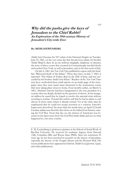 Why Did the Pasha Give the Keys of Jerusalem to the Chief Rabbi? an Exploration of the 19Th-Century History of Jerusalem’S City-Wide Eruv