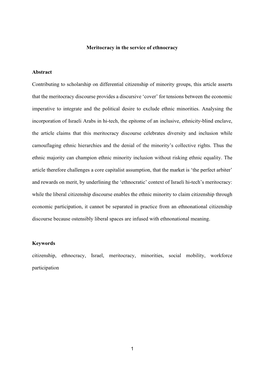 Meritocracy in the Service of Ethnocracy Abstract Contributing to Scholarship on Differential Citizenship of Minority Groups, T