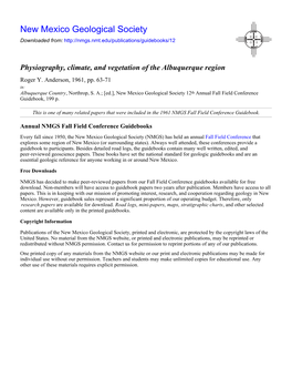 Physiography, Climate, and Vegetation of the Albuquerque Region Roger Y